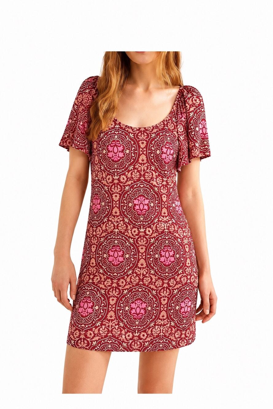 Boden Scoop Neck Jersey Mini Dress Poinsettia Exotic Tile Red Size 16/18 R